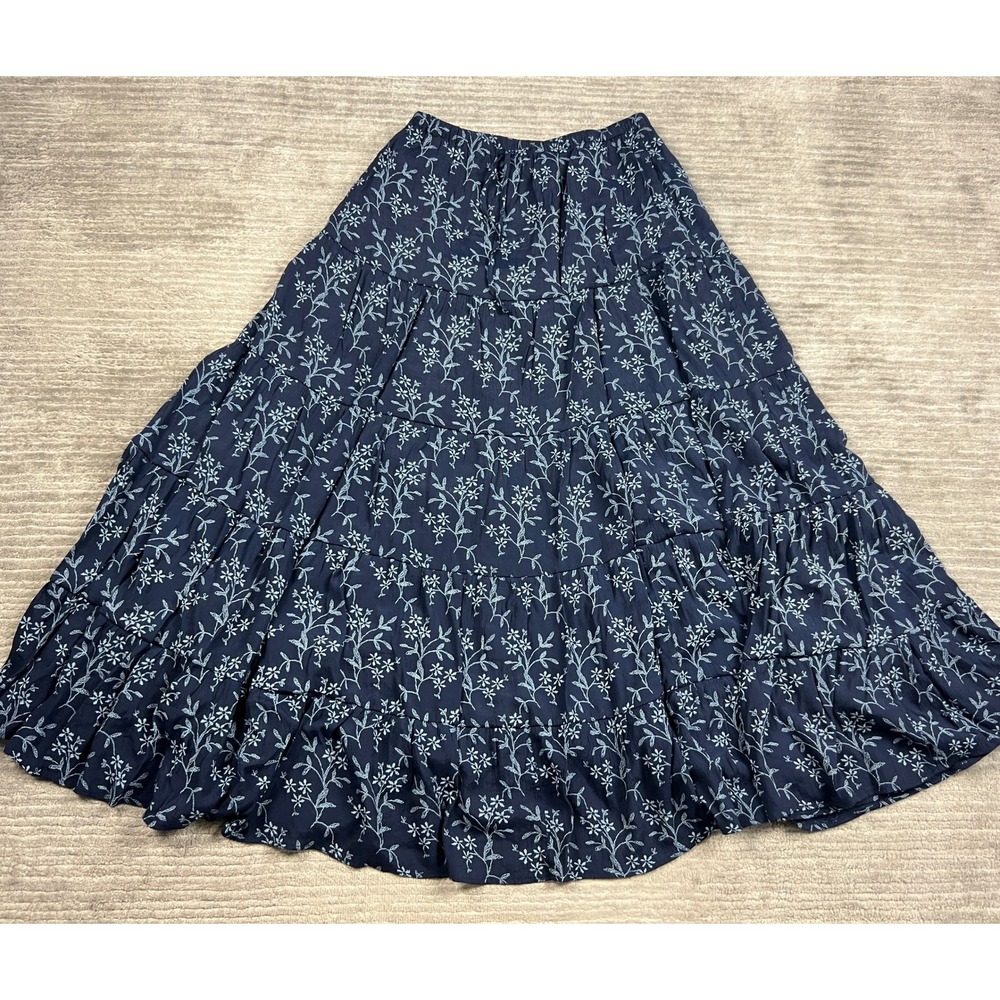 Wishlist Maxi Skirt Womens Large Navy Blue Floral Tiered Boho WL25-11276 Elastic